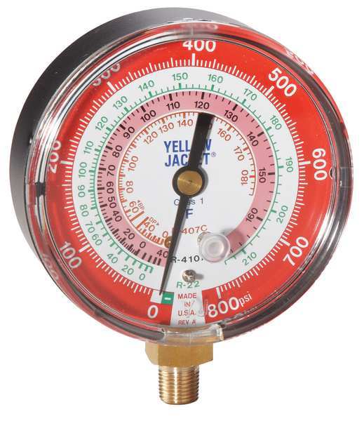 Gauge, 3-1/8In Dia, High Side, Red, 800 psi