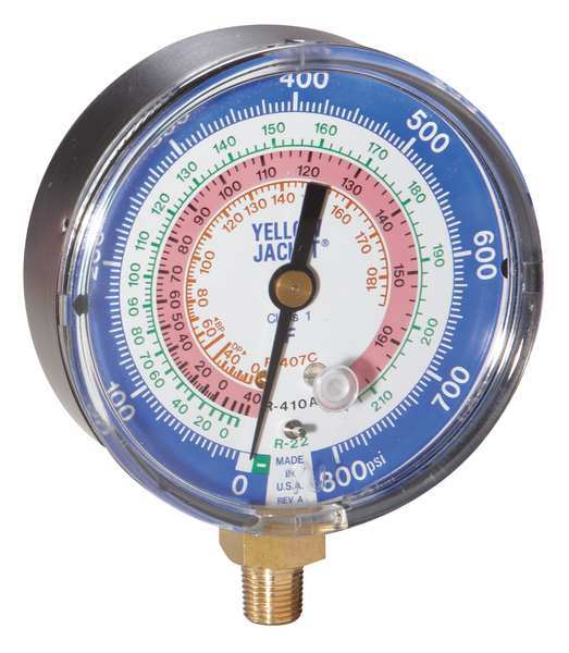 Gauge, 3-1/8In Dia, Low Side, Blue, 800 psi