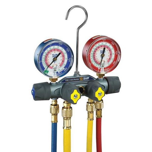 Mechanical Manifold Gauge Set, 4 Valve, 4 Hoses, Vacuum Port Size 3/8 in