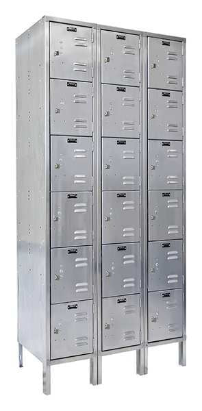Box Locker, 36 in W, 18 in D, 78 in H, (3) Wide, (18) Openings, Silver