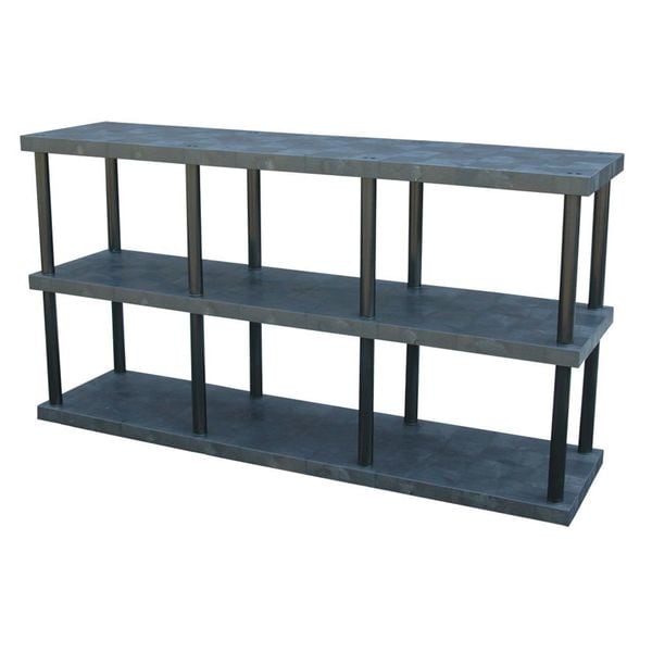 Freestanding Plastic Shelving Unit, Open Style, 24 in D, 96 in W, 51 in H, 3 Shelves, Black